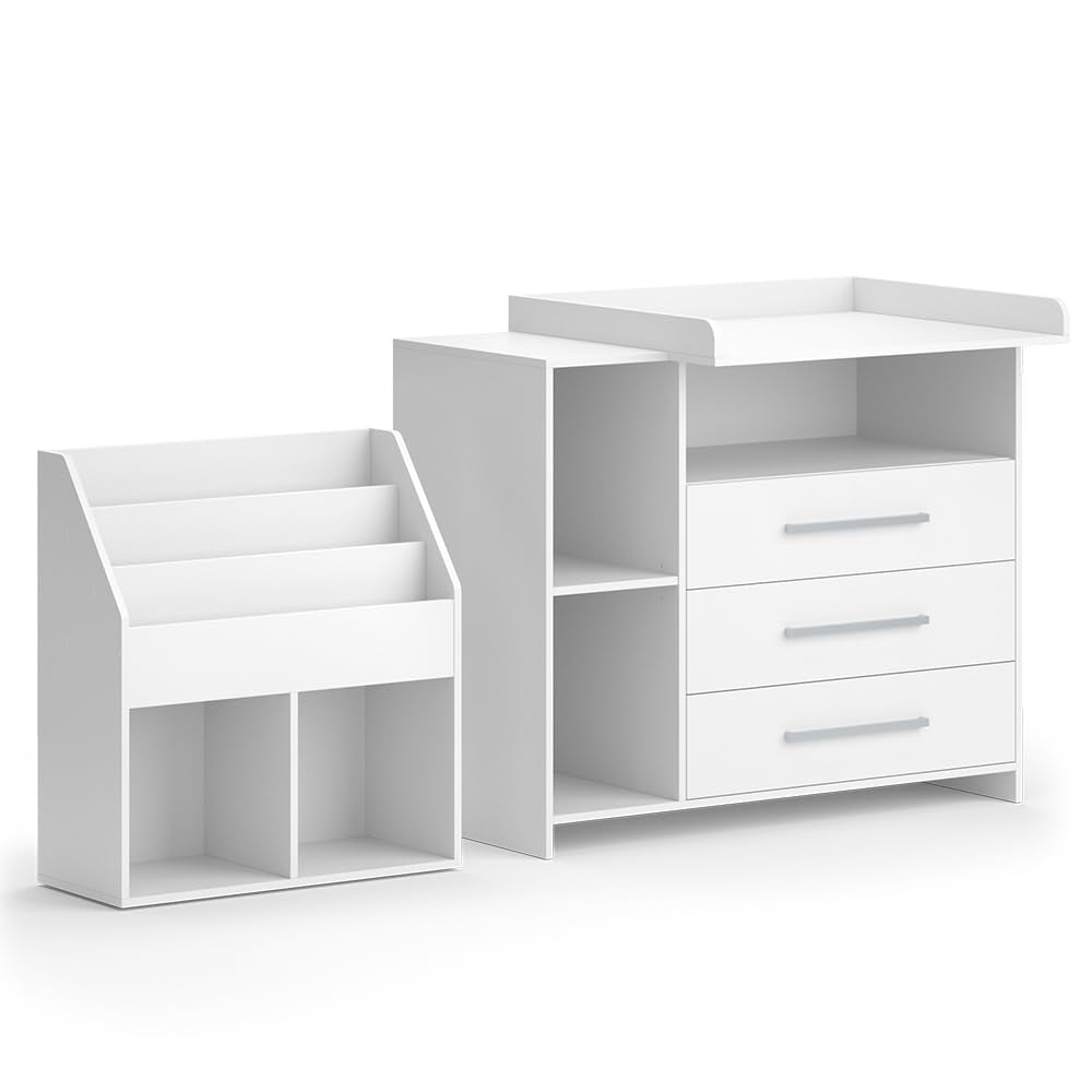 Vicco Oskar Kinderzimmer Set 2-teilig mit Wickelkommode & Spielzeugregal, Babyzimmer Möbel Weiß, umbaubar