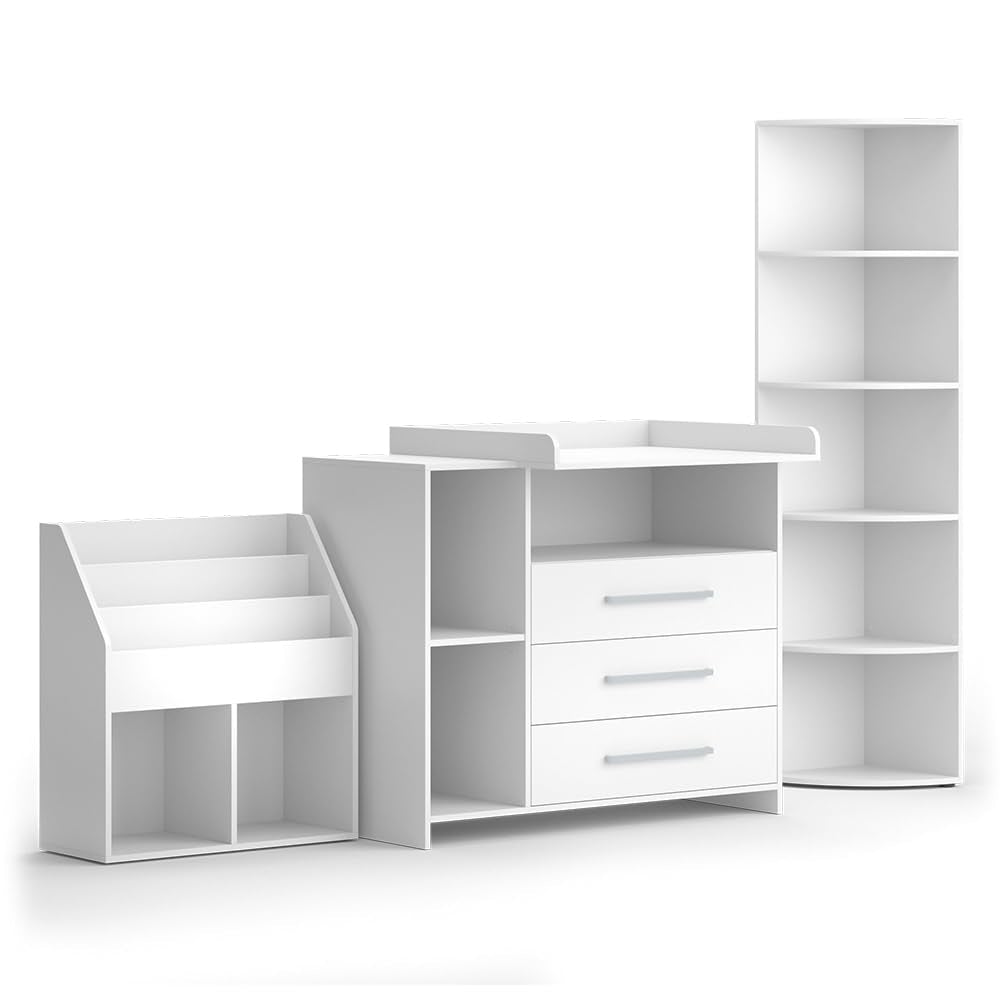 Vicco Oskar Kinderzimmer Set 2-teilig mit Wickelkommode & Spielzeugregal, Babyzimmer Möbel Weiß, umbaubar