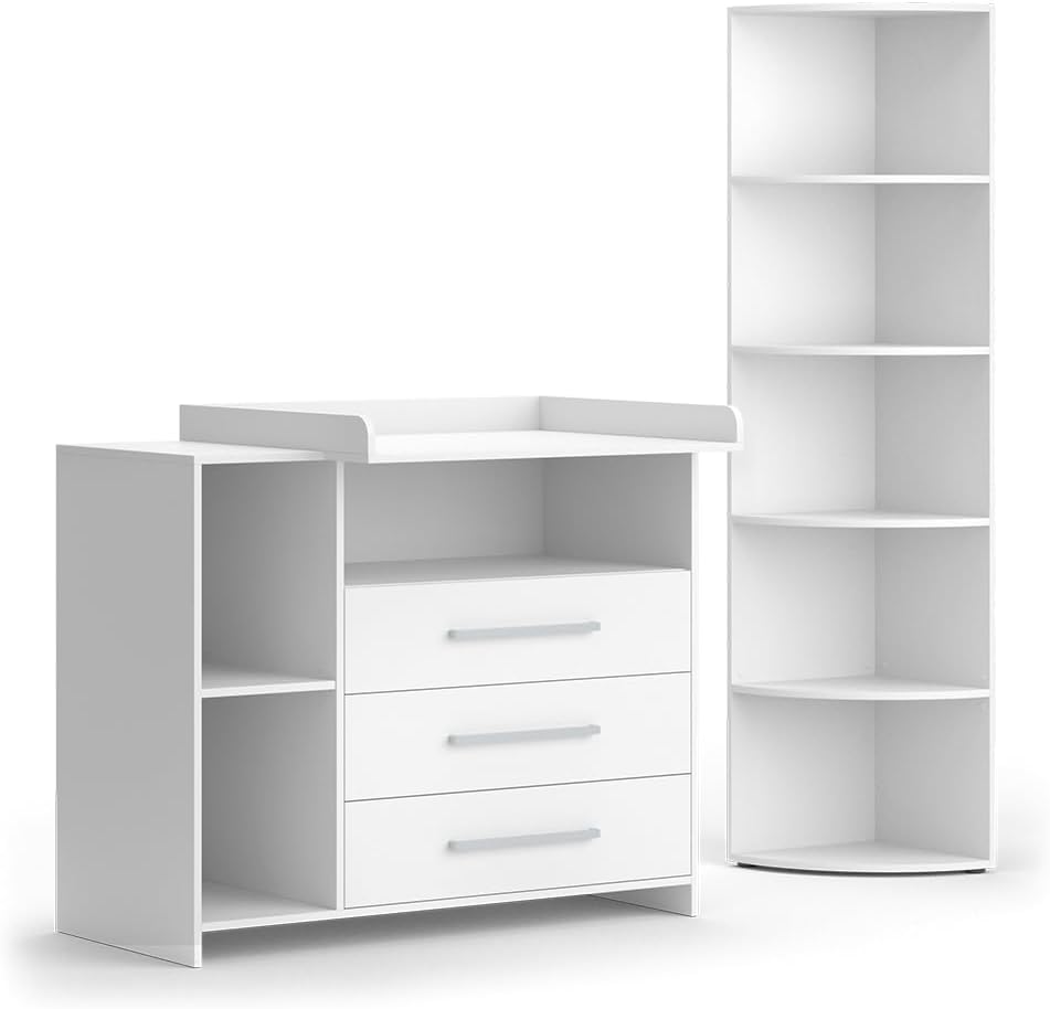 Vicco Oskar Kinderzimmer Set 2-teilig mit Wickelkommode & Spielzeugregal, Babyzimmer Möbel Weiß, umbaubar