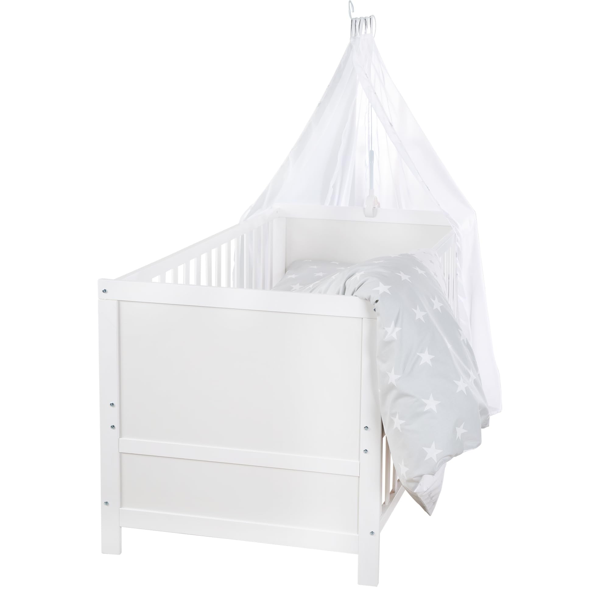 roba Babybett Set 70x140 cm mit Matratze, Bettwäsche & Himmel – Umbaubares Kinderbett zum Juniorbett, höhenverstellbar