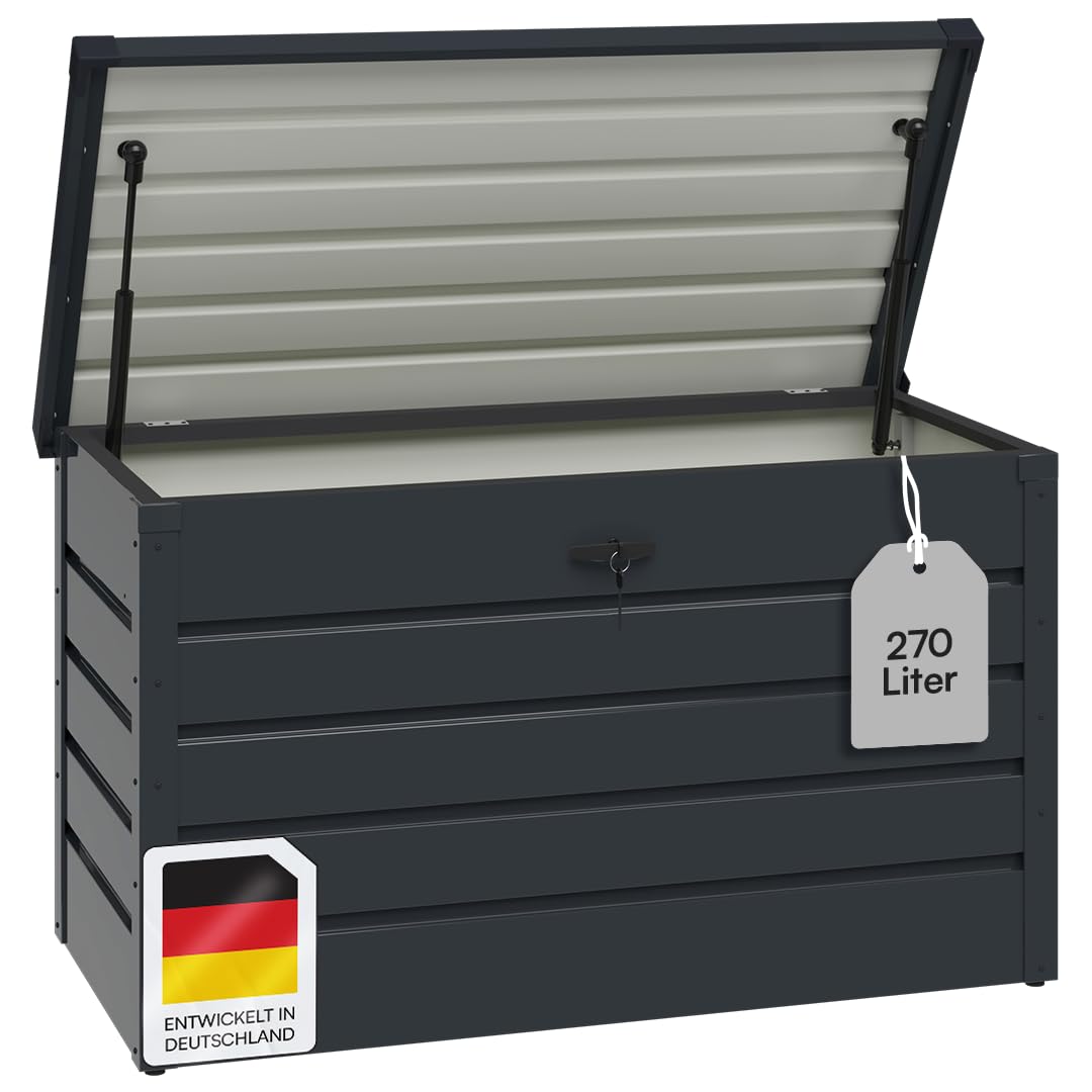 STEELSØN Dorado Gartenbox Metall Anthrazit – Wasserdichte Auflagenbox abschließbar mit Deckel & Gasdruckfeder