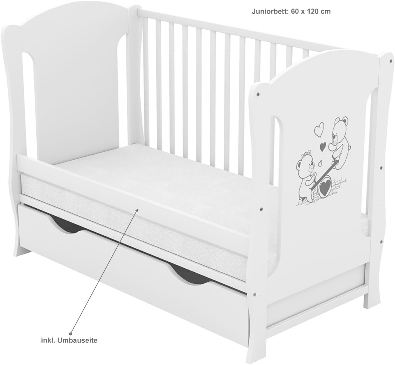 Baby Delux Babybett 120x60 cm Weiß mit Matratze & Schublade, umbaubar zum Juniorbett, Kiefernholz