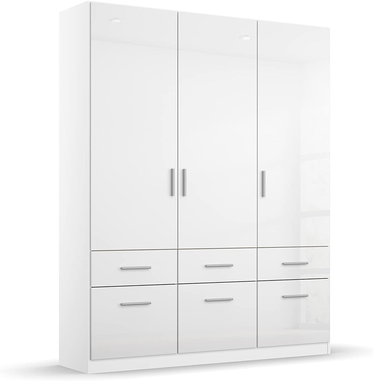Rauch Möbel Celle Kleiderschrank Weiß Hochglanz, 3-türiger Drehtürenschrank mit 6 Schubladen, Kleiderschrank für Schlafzimmer