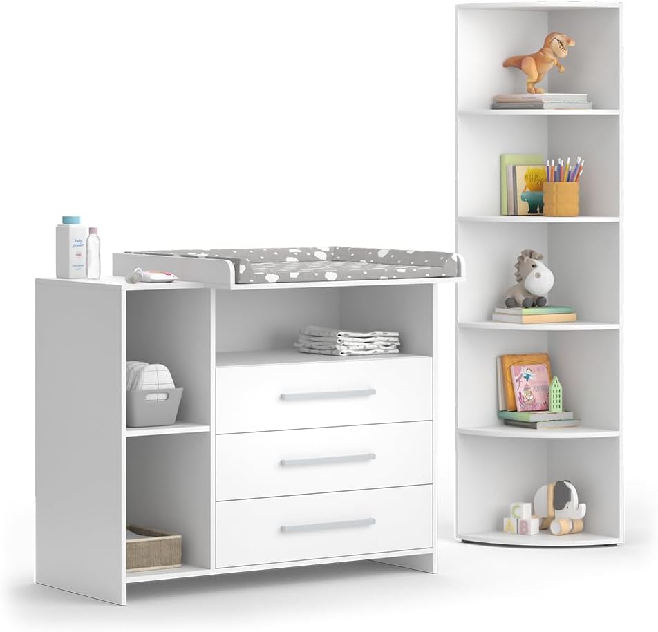 Vicco Oskar Kinderzimmer Set 2-teilig mit Wickelkommode & Spielzeugregal, Babyzimmer Möbel Weiß, umbaubar
