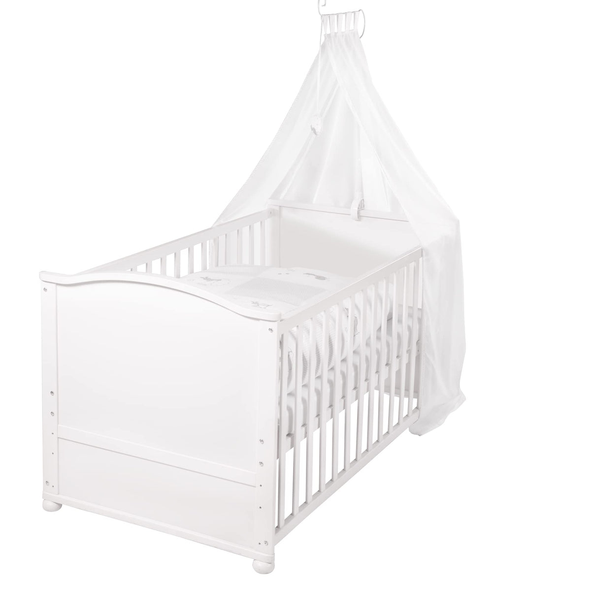 roba Babybett Set 70x140 cm mit Matratze, Bettwäsche & Himmel – Umbaubares Kinderbett zum Juniorbett, höhenverstellbar