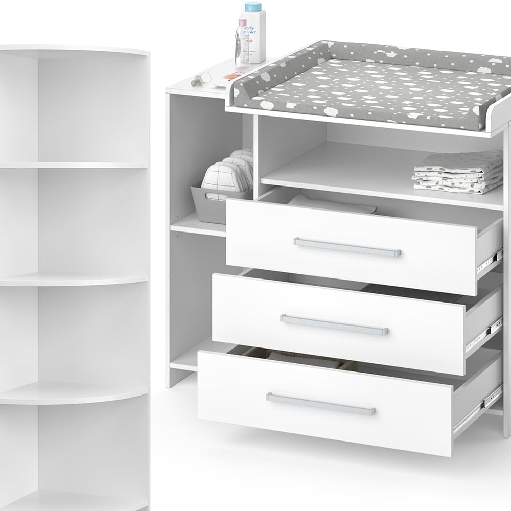 Vicco Oskar Kinderzimmer Set 2-teilig mit Wickelkommode & Spielzeugregal, Babyzimmer Möbel Weiß, umbaubar