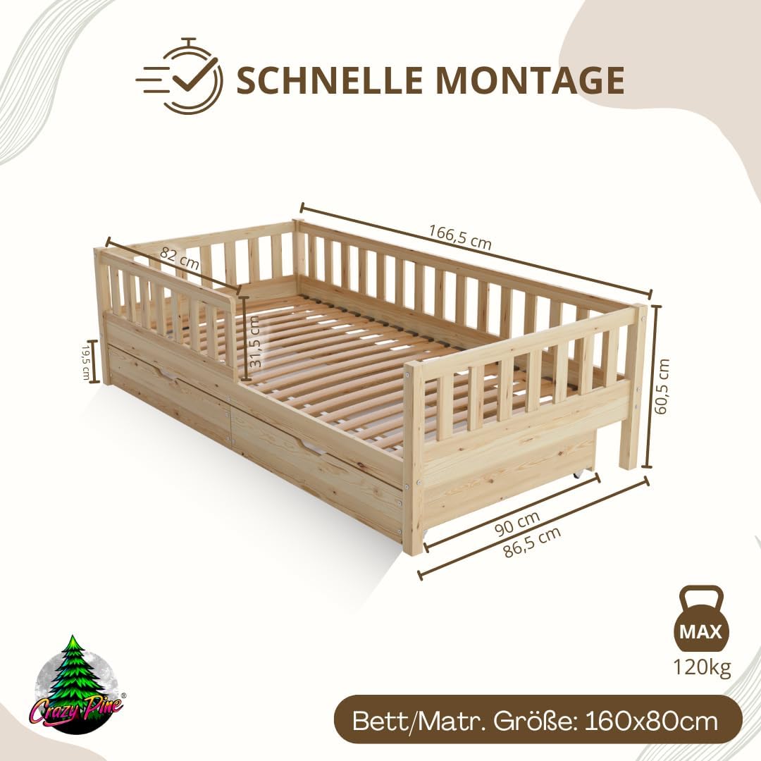 Crazy Pine Montessori Bodenbett Kinderbett aus Massivholz mit Schublade & Rausfallschutz – Skandinavisches Kinderbett