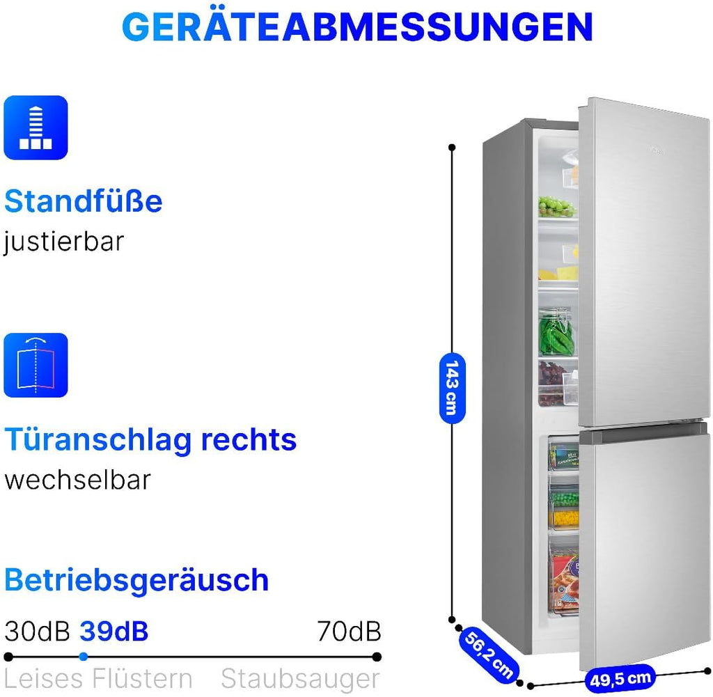 Bomann® Kühlschrank mit Gefrierfach | Energieklasse E | 143cm | Kühl Gefrierkombination leise 39 dB | 3 Ablagen & 3 Schubladen | Türanschlag