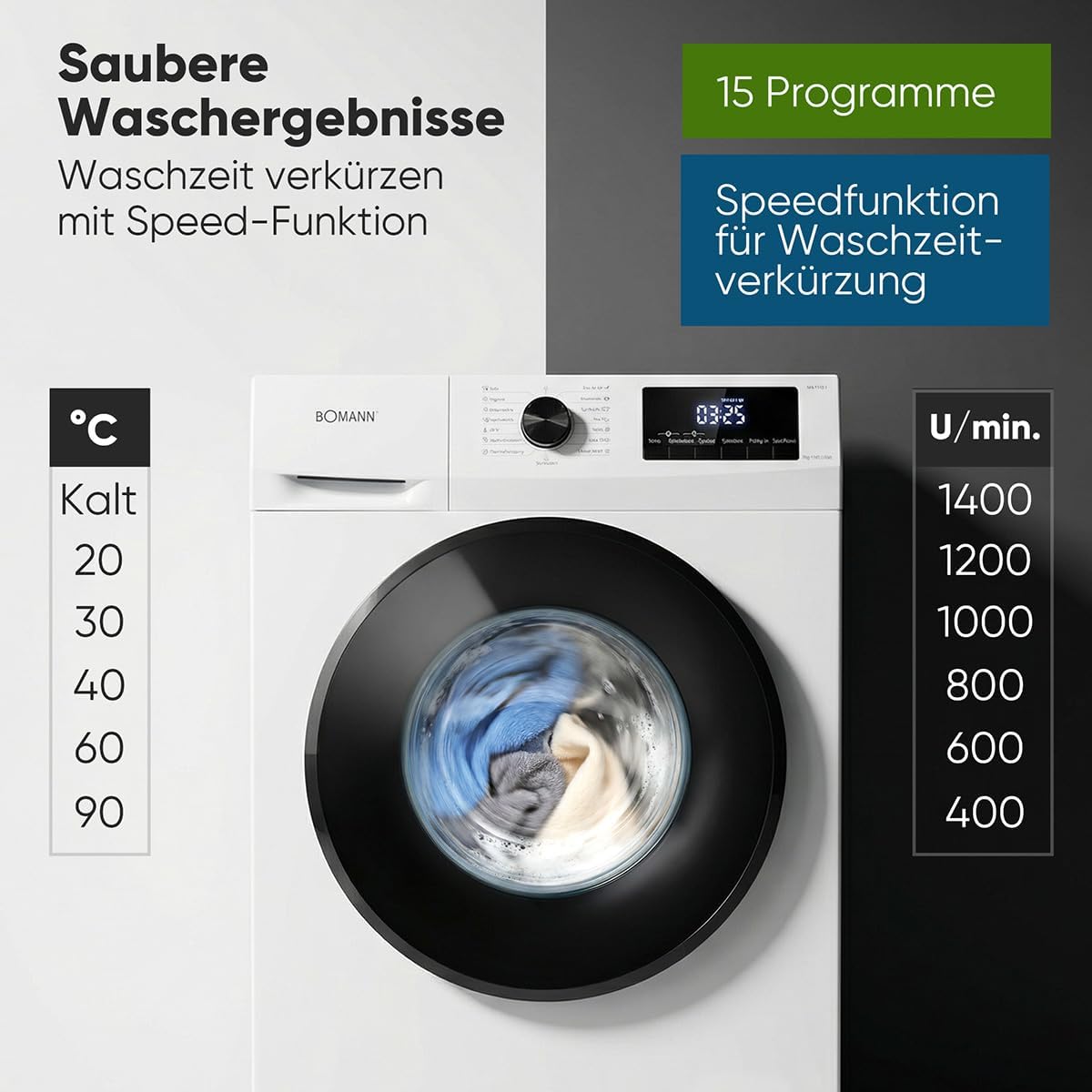 Bomann® Waschmaschine 7kg | max. 1400 U/min | 10 Jahre Motor-Garantie | effizienter, leiser & langlebiger Invertermotor | 15 Programme |