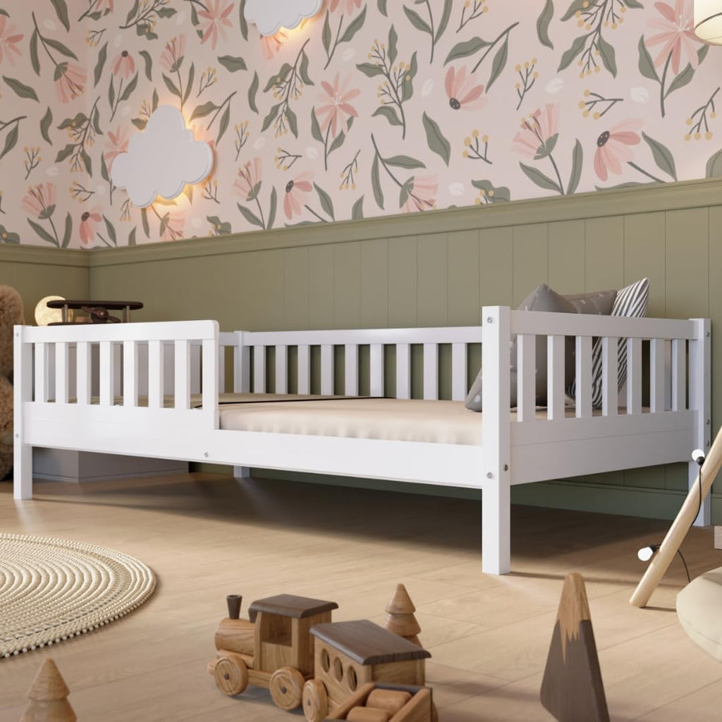 Crazy Pine Montessori Bodenbett Kinderbett aus Massivholz mit Schublade & Rausfallschutz – Skandinavisches Kinderbett