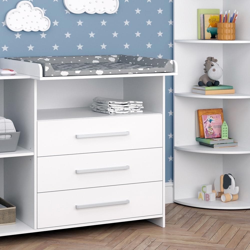 Vicco Oskar Kinderzimmer Set 2-teilig mit Wickelkommode & Spielzeugregal, Babyzimmer Möbel Weiß, umbaubar
