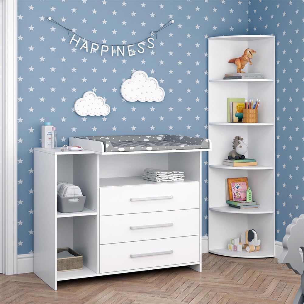 Vicco Oskar Kinderzimmer Set 2-teilig mit Wickelkommode & Spielzeugregal, Babyzimmer Möbel Weiß, umbaubar