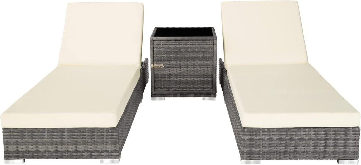 tectake 2er Gartenliegen Set mit Tisch – Polyrattan Sonnenliegen aus Aluminium, 5-fach verstellbar, mit Schutzhüllen