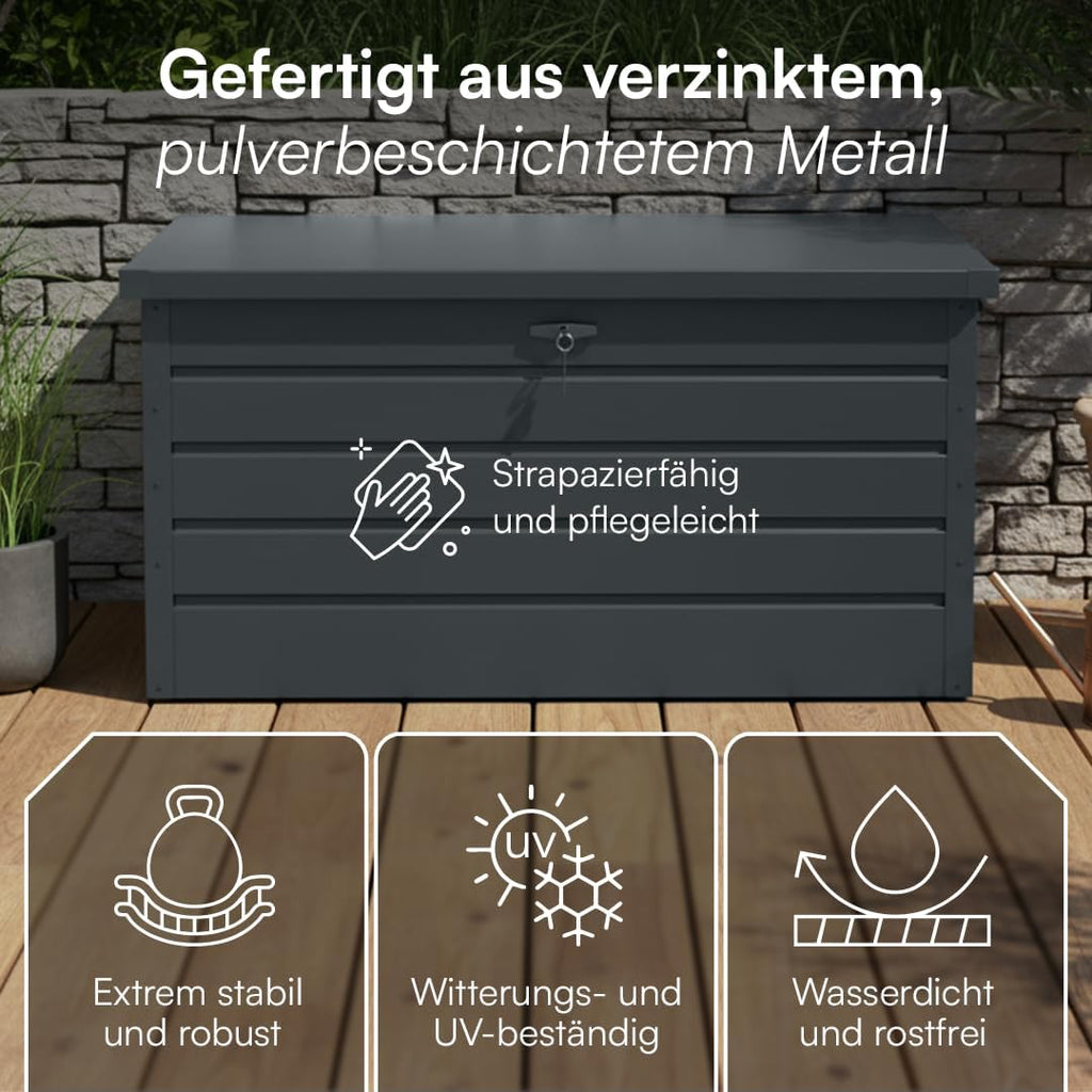 STEELSØN Dorado Gartenbox Metall Anthrazit – Wasserdichte Auflagenbox abschließbar mit Deckel & Gasdruckfeder