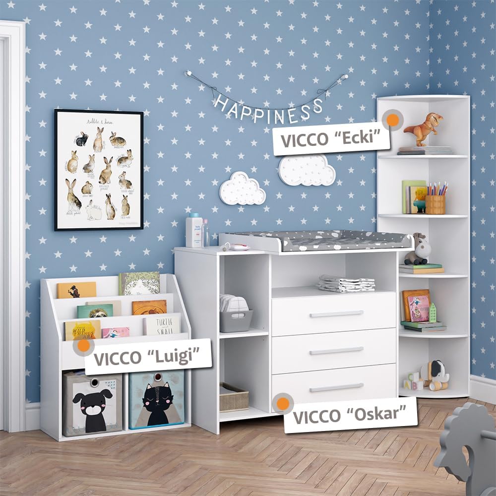 Vicco Oskar Kinderzimmer Set 2-teilig mit Wickelkommode & Spielzeugregal, Babyzimmer Möbel Weiß, umbaubar