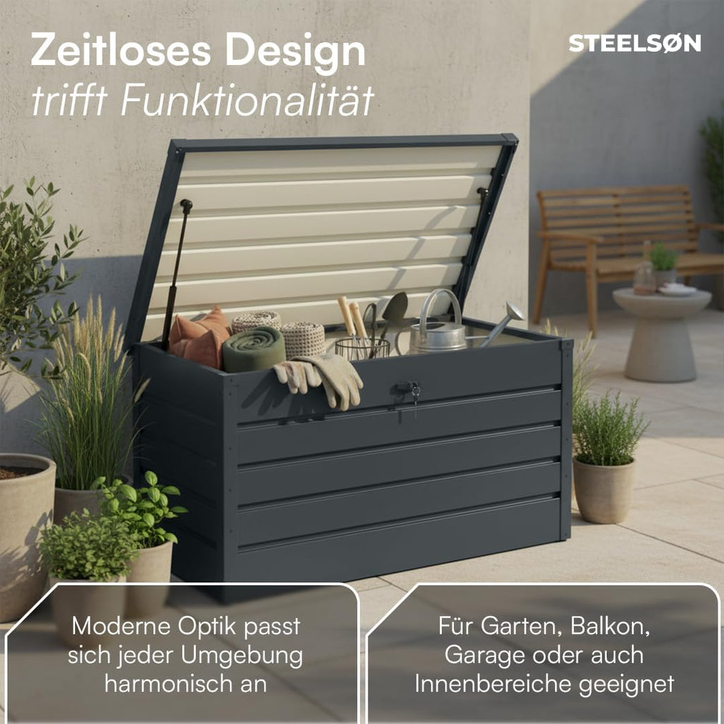 STEELSØN Dorado Gartenbox Metall Anthrazit – Wasserdichte Auflagenbox abschließbar mit Deckel & Gasdruckfeder