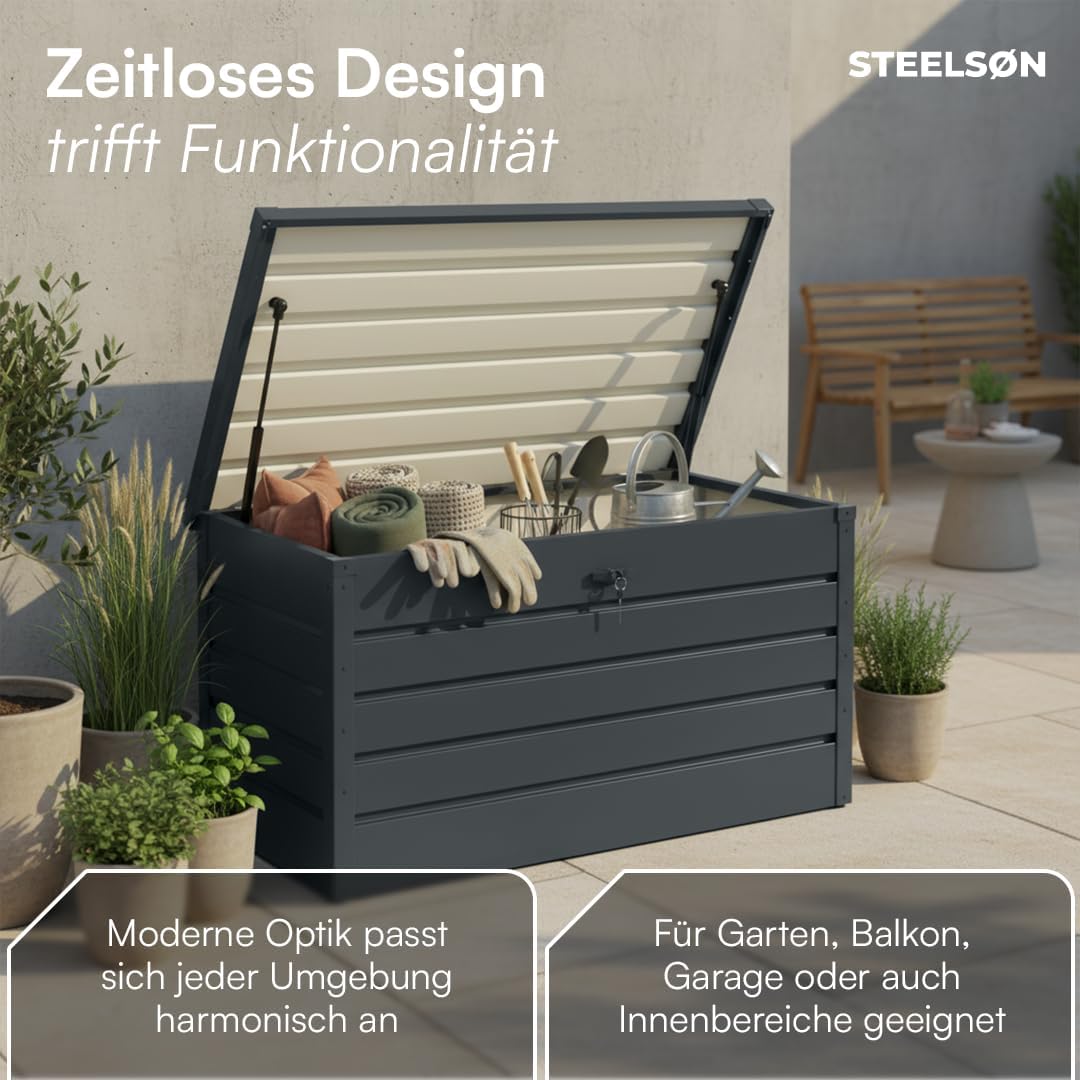 STEELSØN Dorado Gartenbox Metall Anthrazit – Wasserdichte Auflagenbox abschließbar mit Deckel & Gasdruckfeder