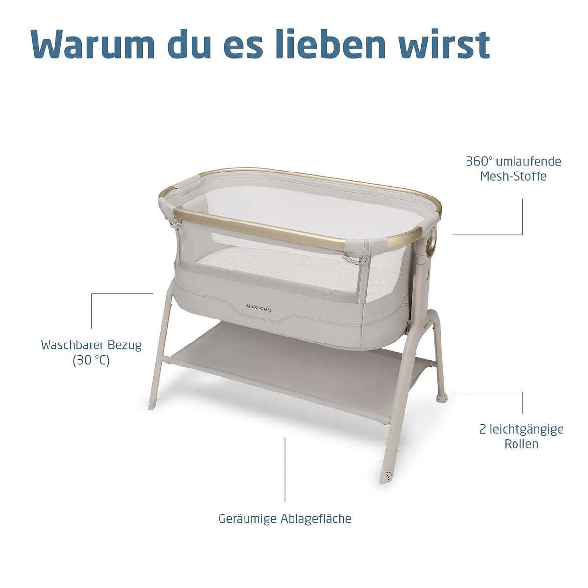 Maxi Cosi Iora² Baby Stubenbett, 0–6 kg (9 kg), Klappbares und Leichtes Beistellbett Baby, 5 cm CloudCore-Matratze, 5 Höhenstufen, 2 Leichtgängige