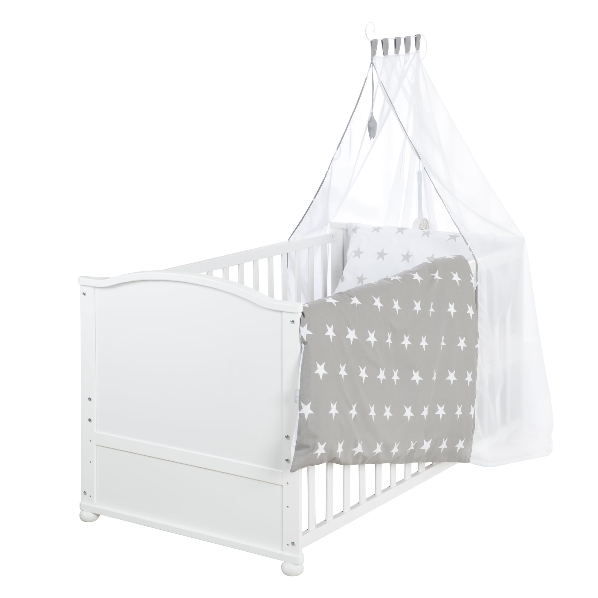 roba Babybett Set 70x140 cm mit Matratze, Bettwäsche & Himmel – Umbaubares Kinderbett zum Juniorbett, höhenverstellbar