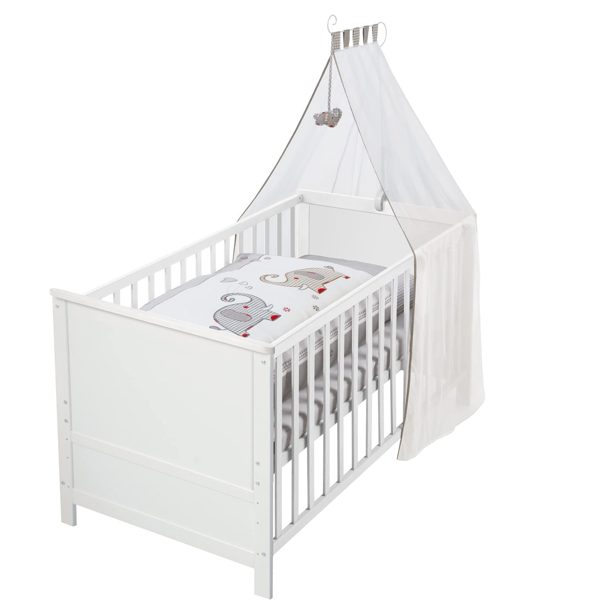 roba Babybett Set 70x140 cm mit Matratze, Bettwäsche & Himmel – Umbaubares Kinderbett zum Juniorbett, höhenverstellbar