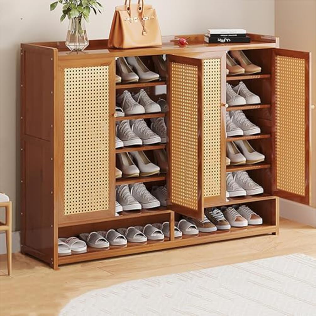 Schuhschrank aus Bambus mit Korbgeflecht-Türen, Schuhregal mit Stauraum, Mehrfach-Schuhschrank für Flur und Eingangsbereich