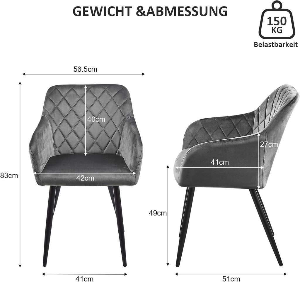 CLIPOP Esszimmerstühle 2er Set, Küchenstühle Grau Samtstoff stühle Polsterstühle mit Armlehne Metallbeine Polstersessel Stühle für Esszimmer Küche