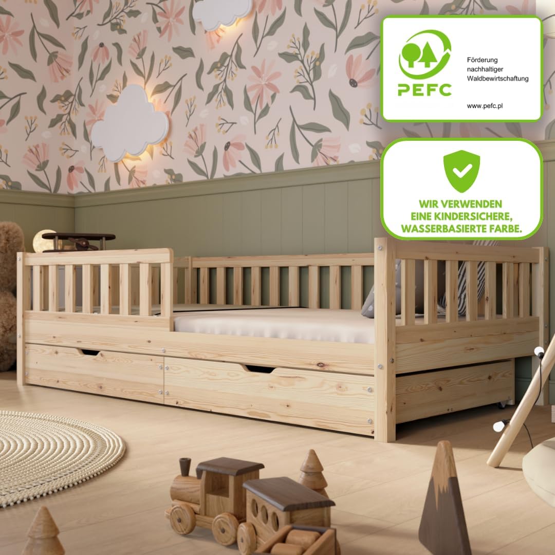 Crazy Pine Montessori Bodenbett Kinderbett aus Massivholz mit Schublade & Rausfallschutz – Skandinavisches Kinderbett