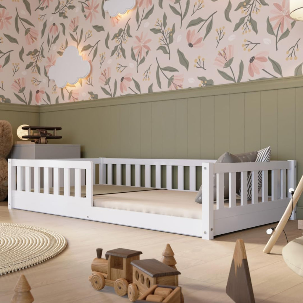 Crazy Pine Montessori Bodenbett Kinderbett aus Massivholz mit Schublade & Rausfallschutz – Skandinavisches Kinderbett