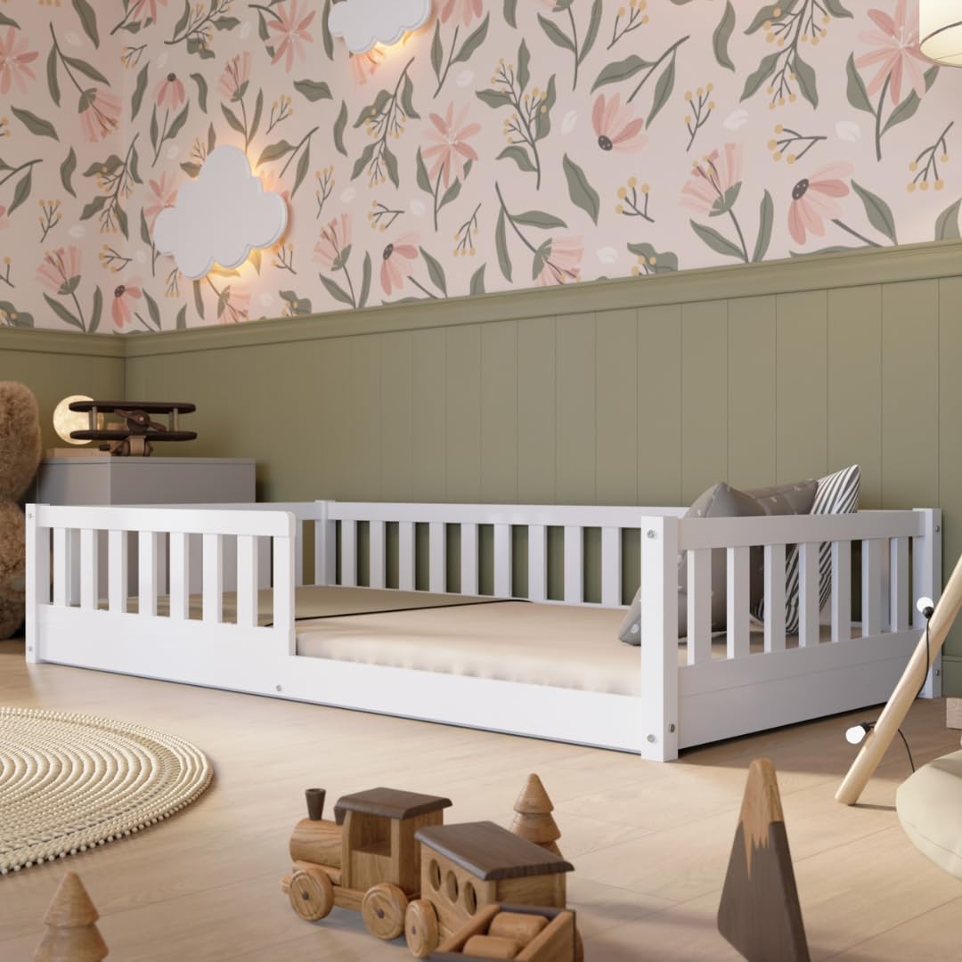 Crazy Pine Montessori Bodenbett Kinderbett aus Massivholz mit Schublade & Rausfallschutz – Skandinavisches Kinderbett