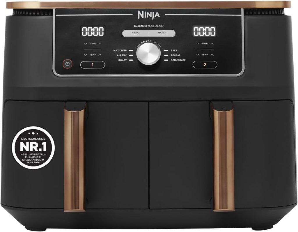 Ninja Foodi MAX Dual Zone Heißluftfritteuse, 9,5L Airfryer, 2 Fächer, mit Zange, Antihaftbeschichtung, spülmaschinenfeste Körbe, 6-in-1