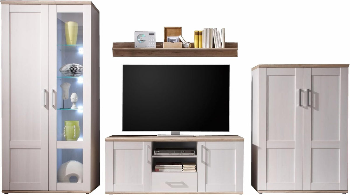 Stella Trading ROMANCE Wohnwand Wohnzimmer Set mit LED-Vitrine, Stauraum, Sibiu Lärche & Eiche San Remo