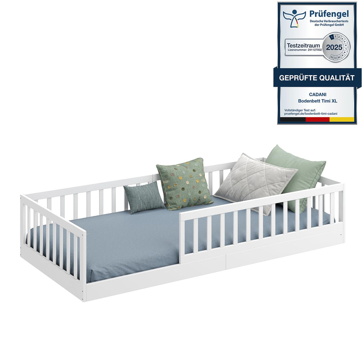 CADANI TIMI XL Bodenbett 120x200 Weiß, Rausfallschutz abnehmbar, bis 200 kg