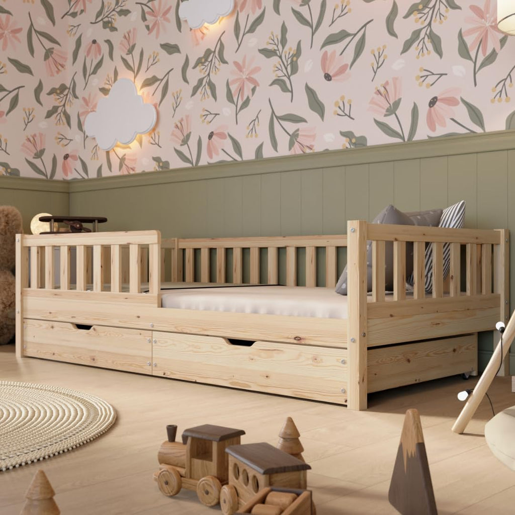 Crazy Pine Montessori Bodenbett Kinderbett aus Massivholz mit Schublade & Rausfallschutz – Skandinavisches Kinderbett