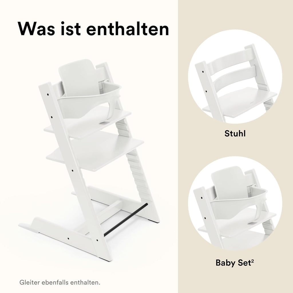 Stokke Tripp Trapp Hochstuhl Weiß mit Baby Set2, mitwachsender Kinderhochstuhl aus Buchenholz, verstellbar