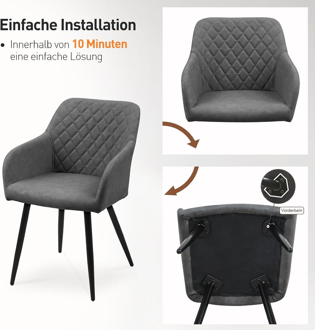 CLIPOP Esszimmerstühle 4er Set, Küchenstühle Grau Kunstlederstoff stühle Polsterstühle mit Armlehne Metallbeine Polstersessel Stühle für Esszimmer