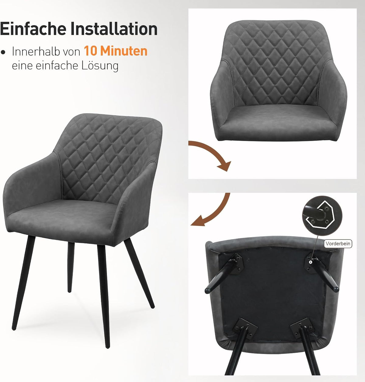CLIPOP Esszimmerstühle 4er Set, Küchenstühle Grau Kunstlederstoff stühle Polsterstühle mit Armlehne Metallbeine Polstersessel Stühle für Esszimmer