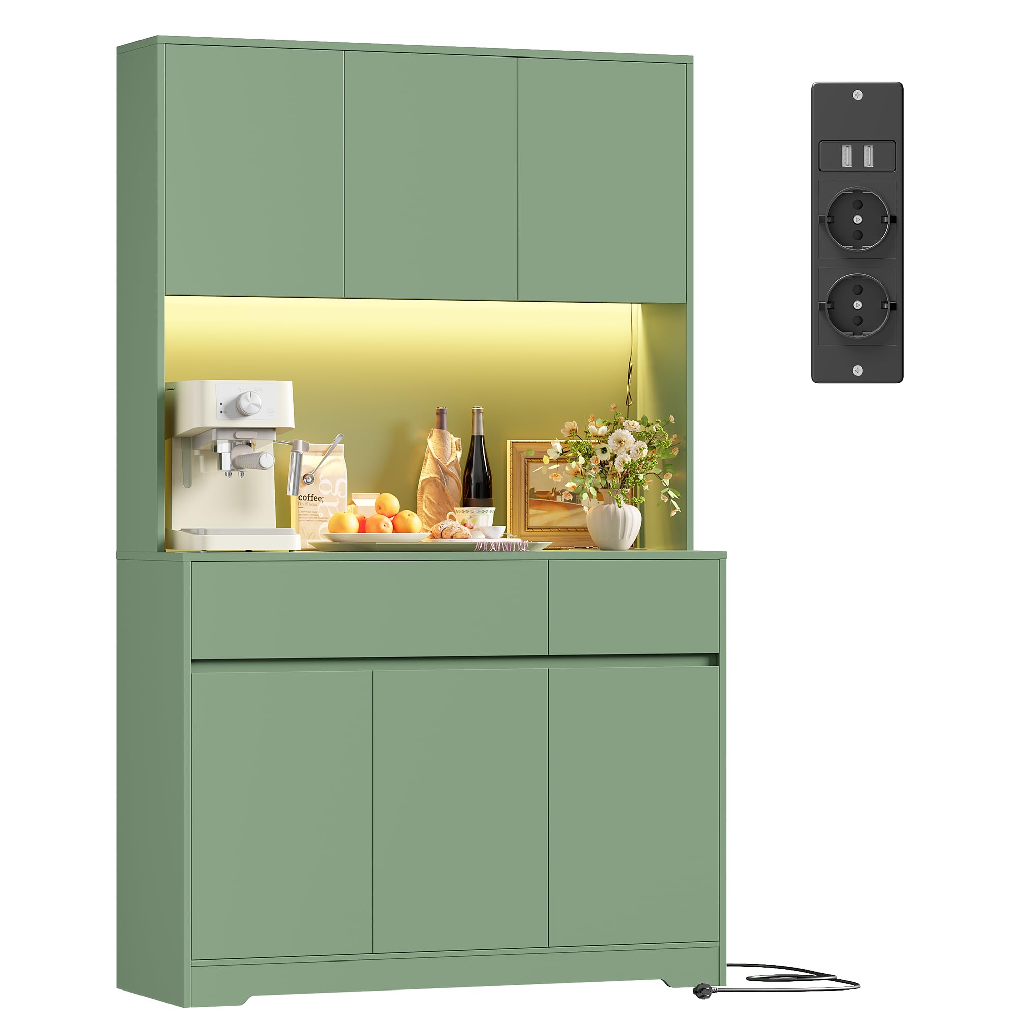 FirFurd Küchenschrank Buffetschrank Weiß 180x100x38,5 cm – Sideboard mit LED, Steckdose, Arbeitsplatte, Türen & Schubladen