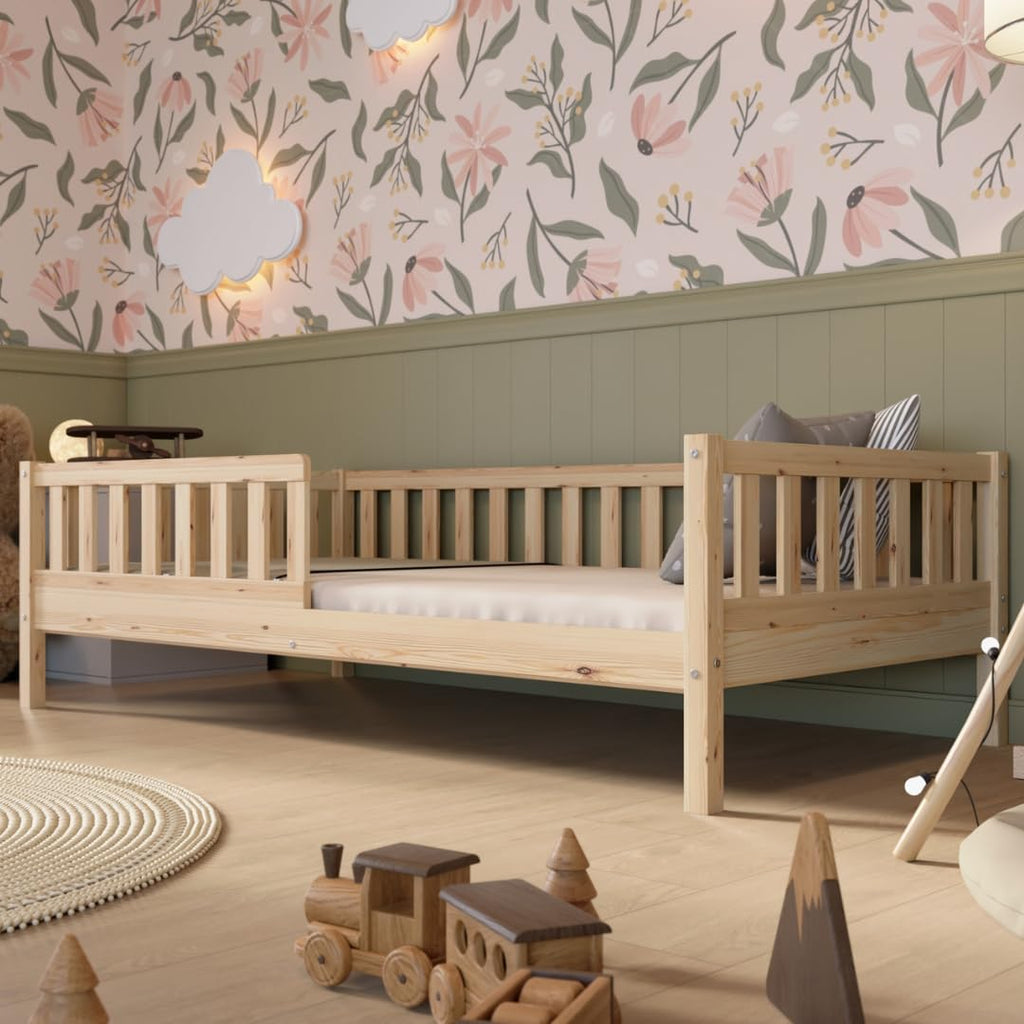 Crazy Pine Montessori Bodenbett Kinderbett aus Massivholz mit Schublade & Rausfallschutz – Skandinavisches Kinderbett