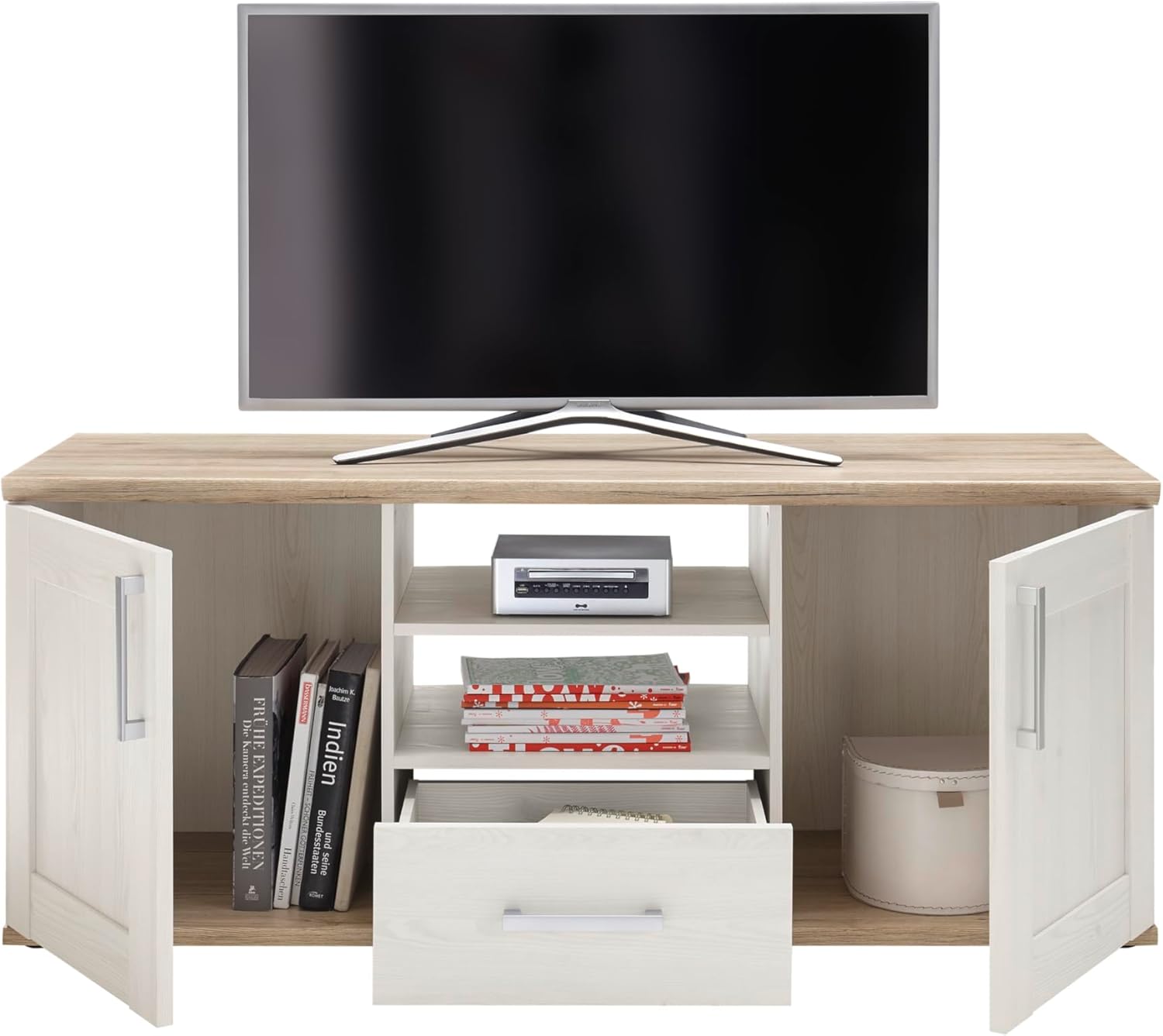 Stella Trading ROMANCE Wohnwand Wohnzimmer Set mit LED-Vitrine, Stauraum, Sibiu Lärche & Eiche San Remo