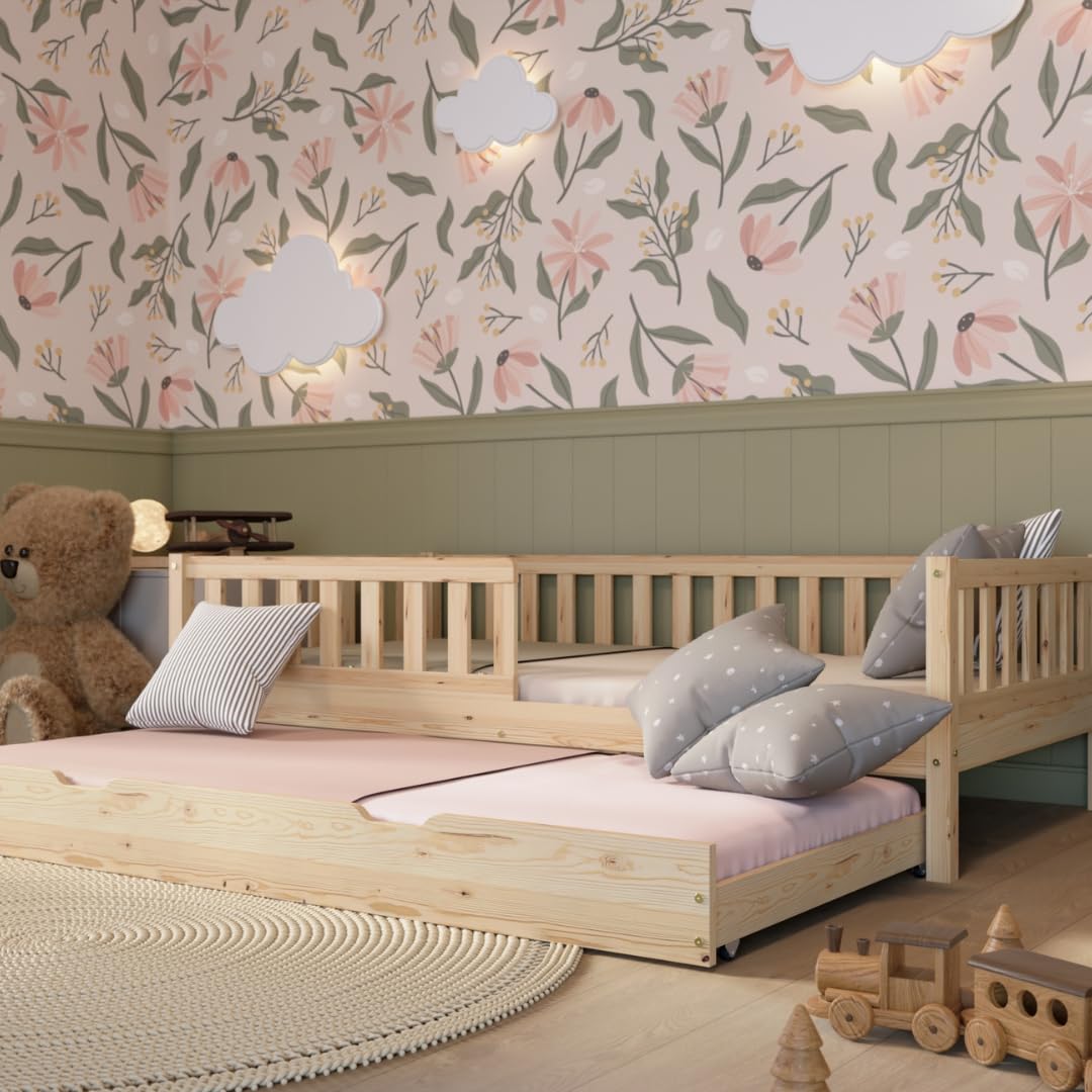 Crazy Pine Montessori Bodenbett Kinderbett aus Massivholz mit Schublade & Rausfallschutz – Skandinavisches Kinderbett