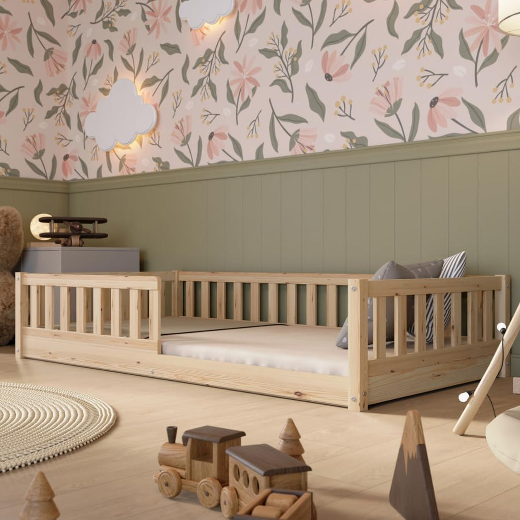 Crazy Pine Montessori Bodenbett Kinderbett aus Massivholz mit Schublade & Rausfallschutz – Skandinavisches Kinderbett