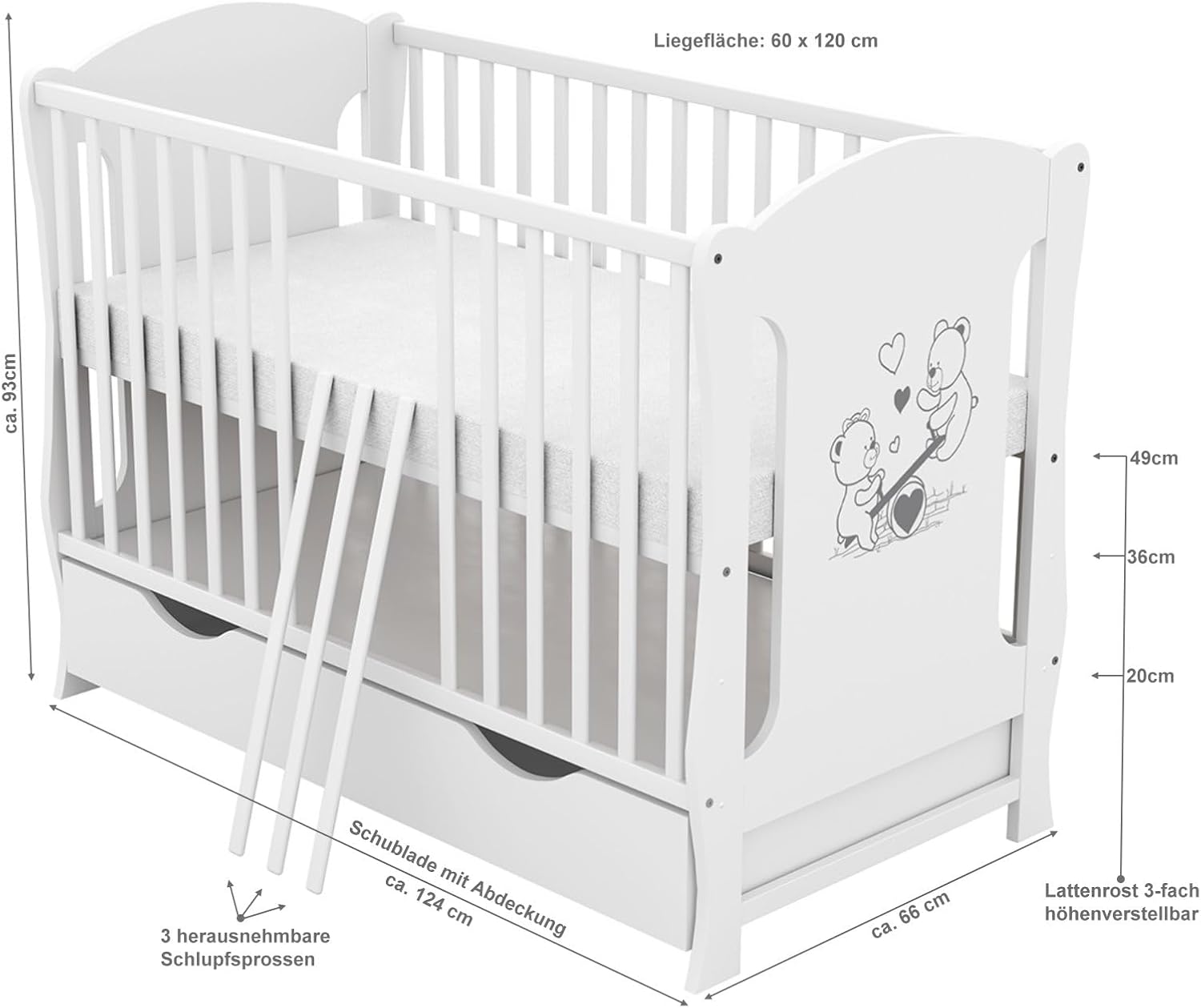 Baby Delux Babybett 120x60 cm Weiß mit Matratze & Schublade, umbaubar zum Juniorbett, Kiefernholz