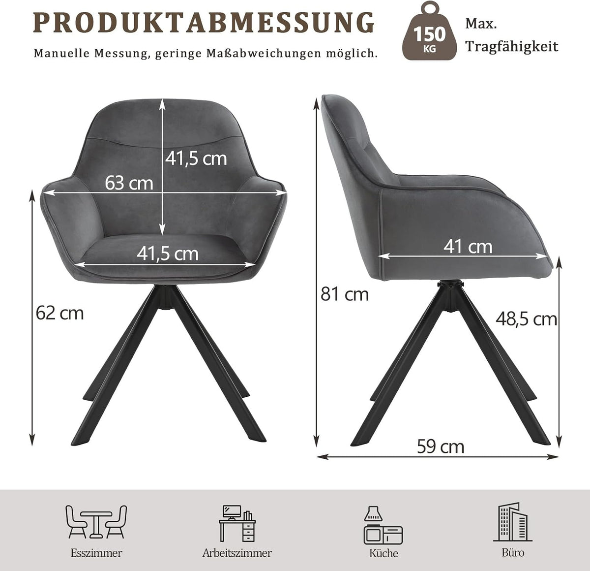 6er Set Esszimmerstühle Drehbar mit Armlehne, 360° Drehstuhl Polsterstuhl Samt Modern Küchenstuhl mit Metallbeine für Esszimmer, Wohnzimmer, Büro