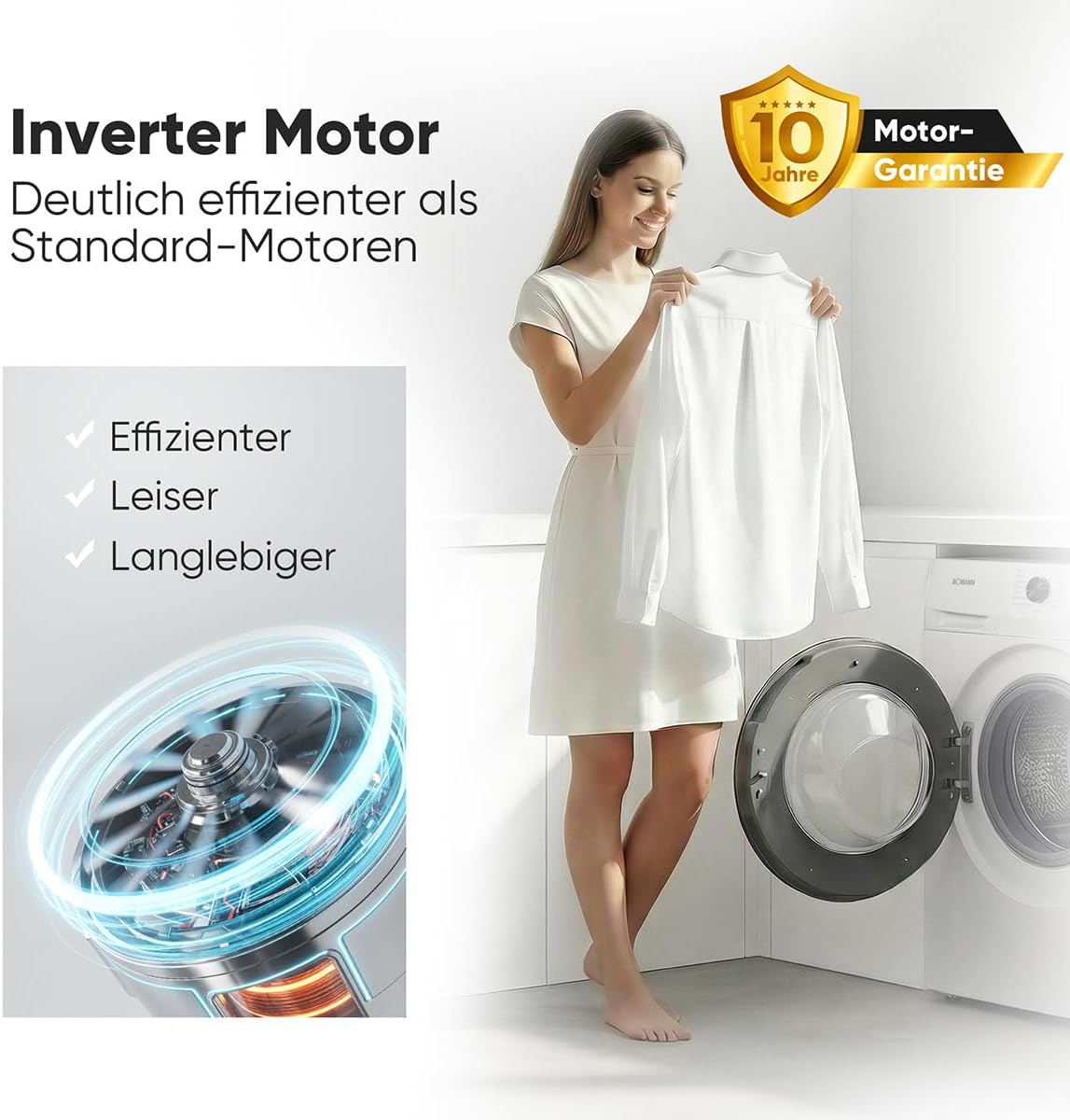 Bomann® Waschmaschine 7kg | max. 1400 U/min | 10 Jahre Motor-Garantie | effizienter, leiser & langlebiger Invertermotor | 15 Programme |