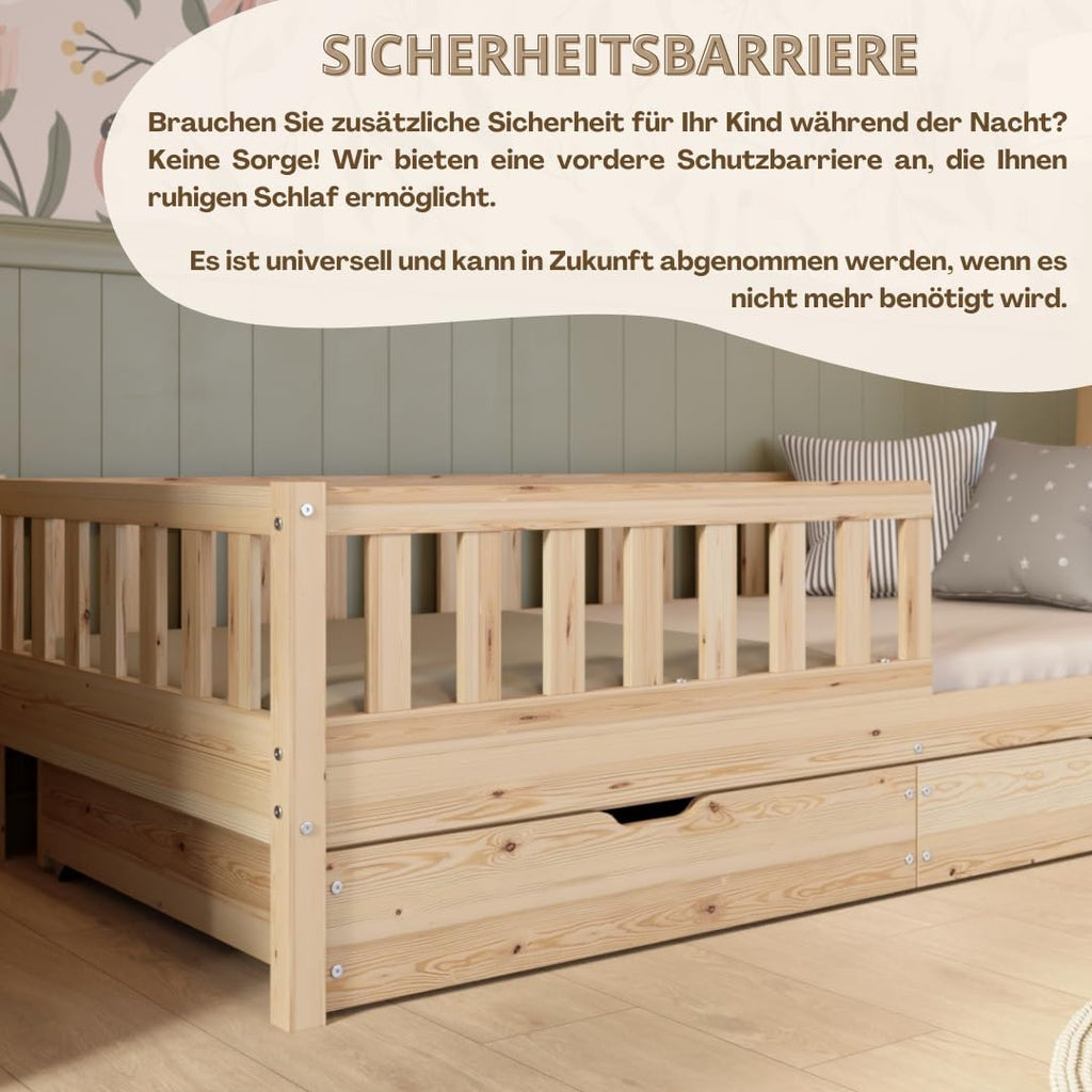 Crazy Pine Montessori Bodenbett Kinderbett aus Massivholz mit Schublade & Rausfallschutz – Skandinavisches Kinderbett