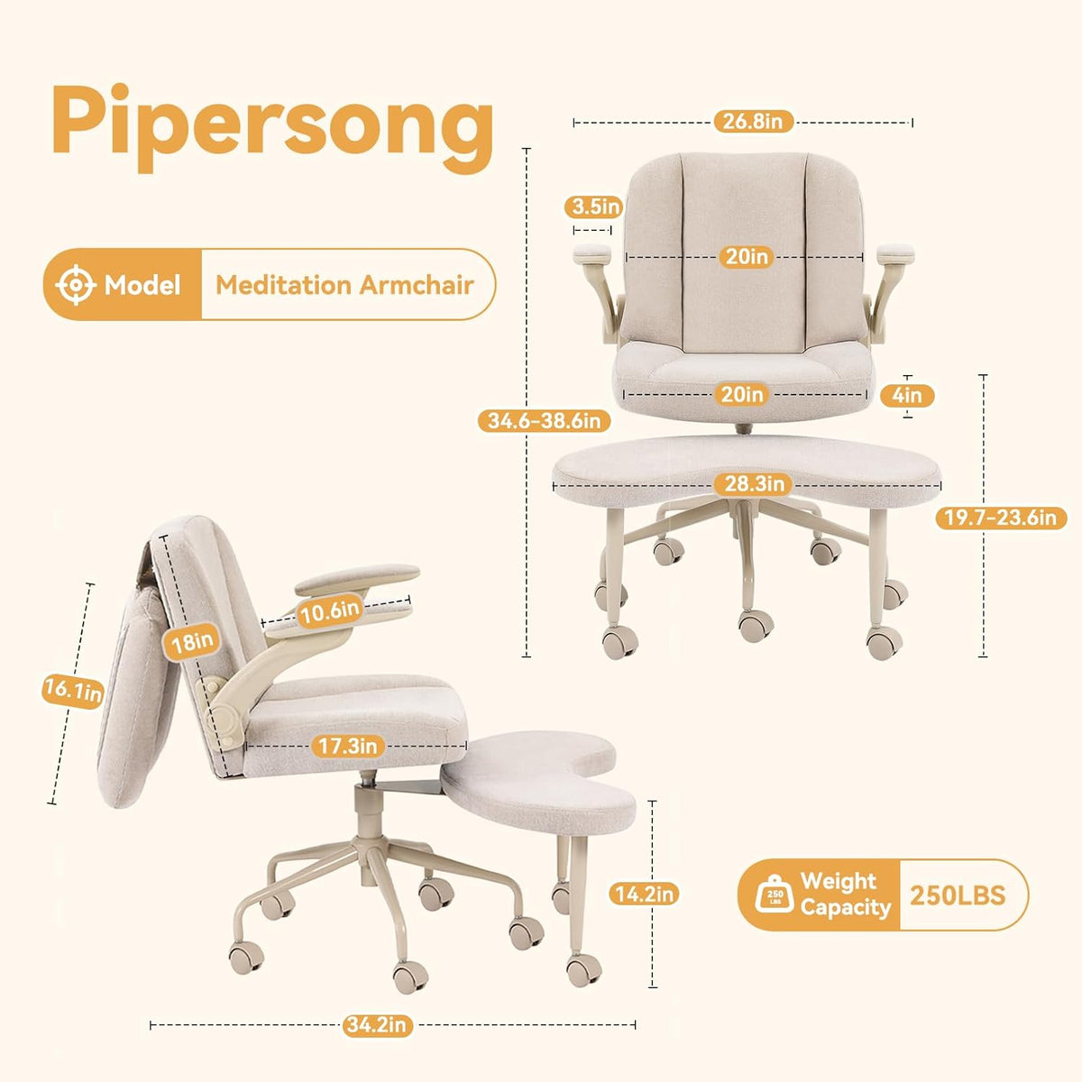 Pipersong Criss Cross Bürostuhl Ergonomisch mit Fußstütze & Rollen, Schreibtischstuhl mit verstellbaren Armlehnen