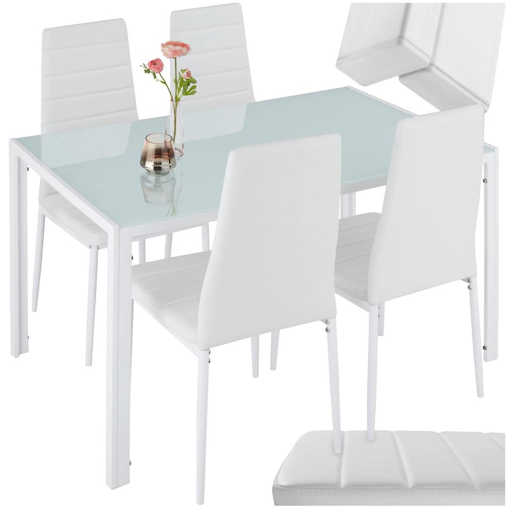 tectake Essgruppe Set Tisch und Stühle, Esstisch und 4X Stuhl, strapazierfähiges Kunstleder, Tischplatte aus Sicherheitsglas, Küchenstühle modern