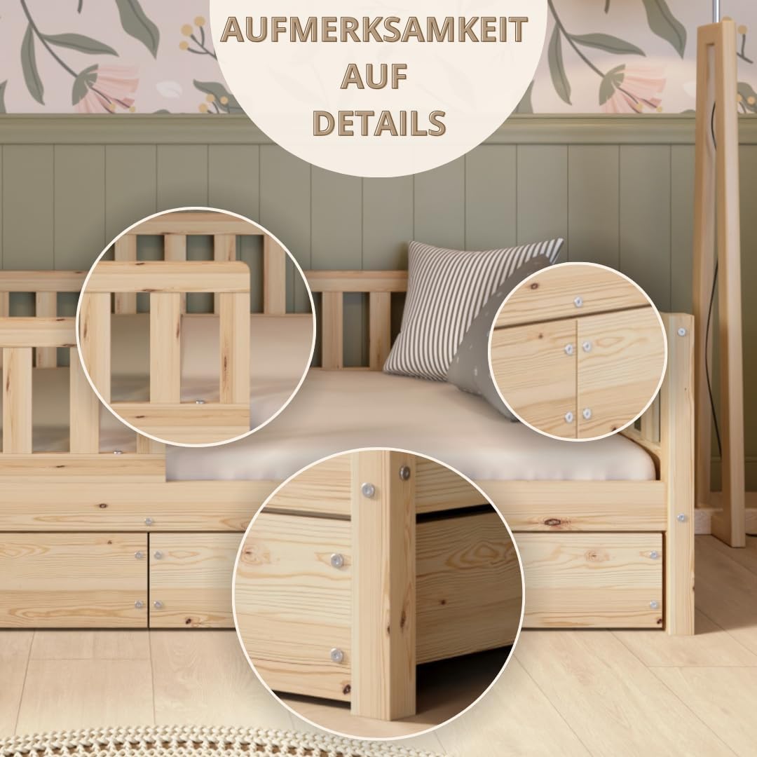 Crazy Pine Montessori Bodenbett Kinderbett aus Massivholz mit Schublade & Rausfallschutz – Skandinavisches Kinderbett