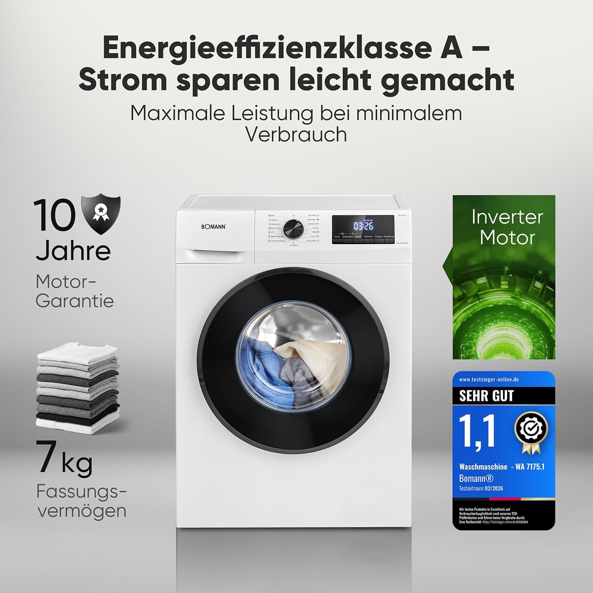 Bomann® Waschmaschine 7kg | max. 1400 U/min | 10 Jahre Motor-Garantie | effizienter, leiser & langlebiger Invertermotor | 15 Programme |