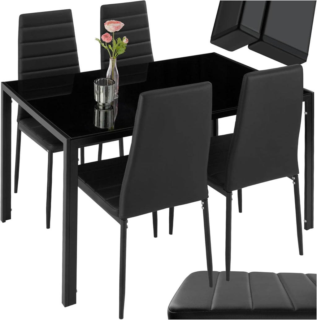 tectake Essgruppe Set Tisch und Stühle, Esstisch und 4X Stuhl, strapazierfähiges Kunstleder, Tischplatte aus Sicherheitsglas, Küchenstühle modern